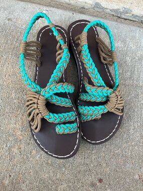 “NWOT Size, But Size 8”  Handwoven Teal and Brown Women’s Braided Sandals